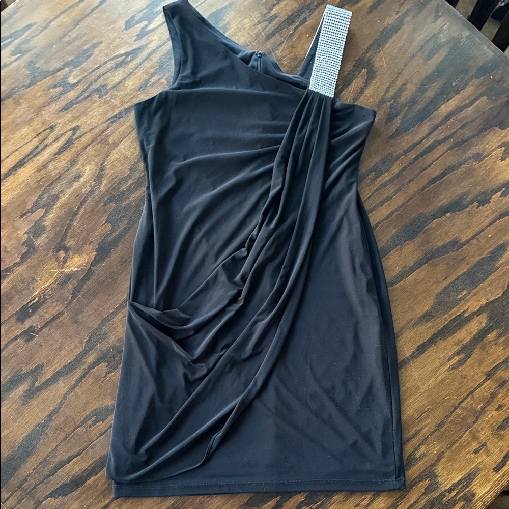 Betsy & Adam Black One-Shoulder Dress with Silver Accent